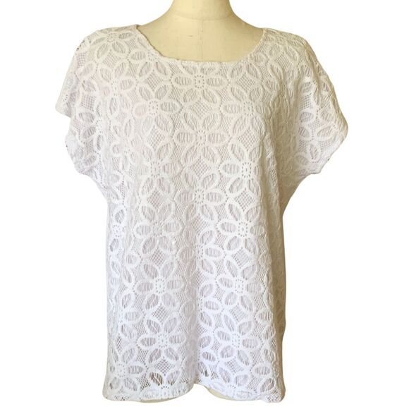 Alfred Dunner Tops - Alfred Dunner Women’s White Lace Short Sleeve Blouse Size M Floral Pattern Polye